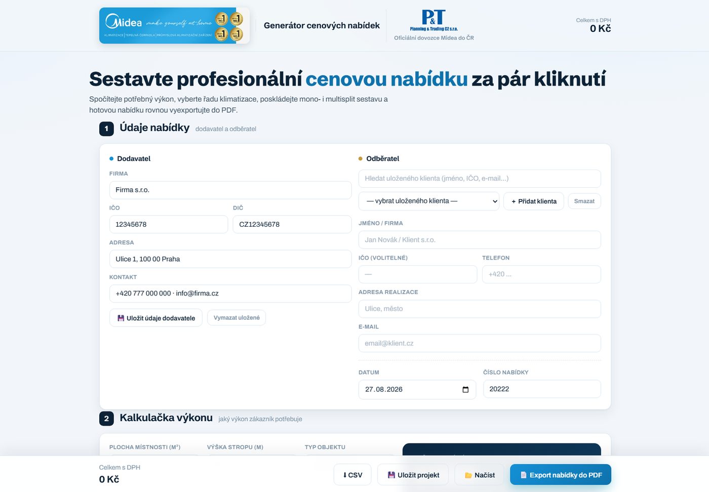 Konfigurátor nabídek — údaje dodavatele a odběratele, kalkulačka výkonu