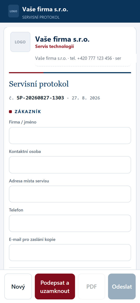 Servisní protokol v mobilu — údaje o zákazníkovi a zařízení