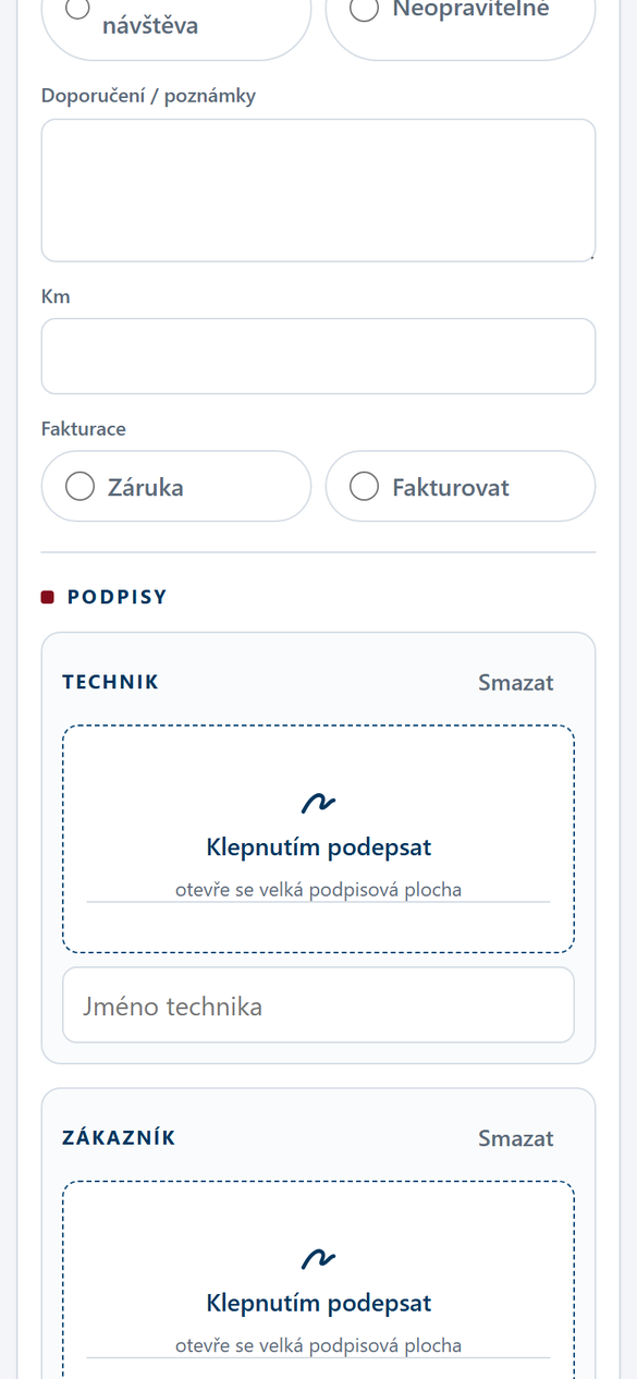 Podpisová část protokolu — podpis technika i zákazníka prstem