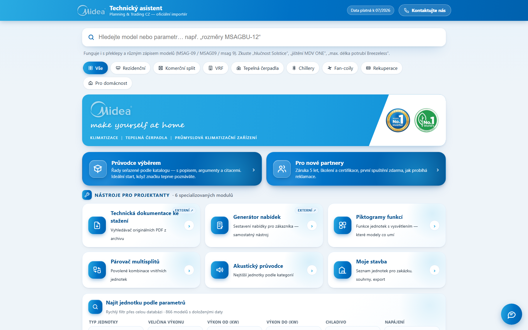 Aplikace Technický asistent Midea — vyhledávání v produktové databázi klimatizací